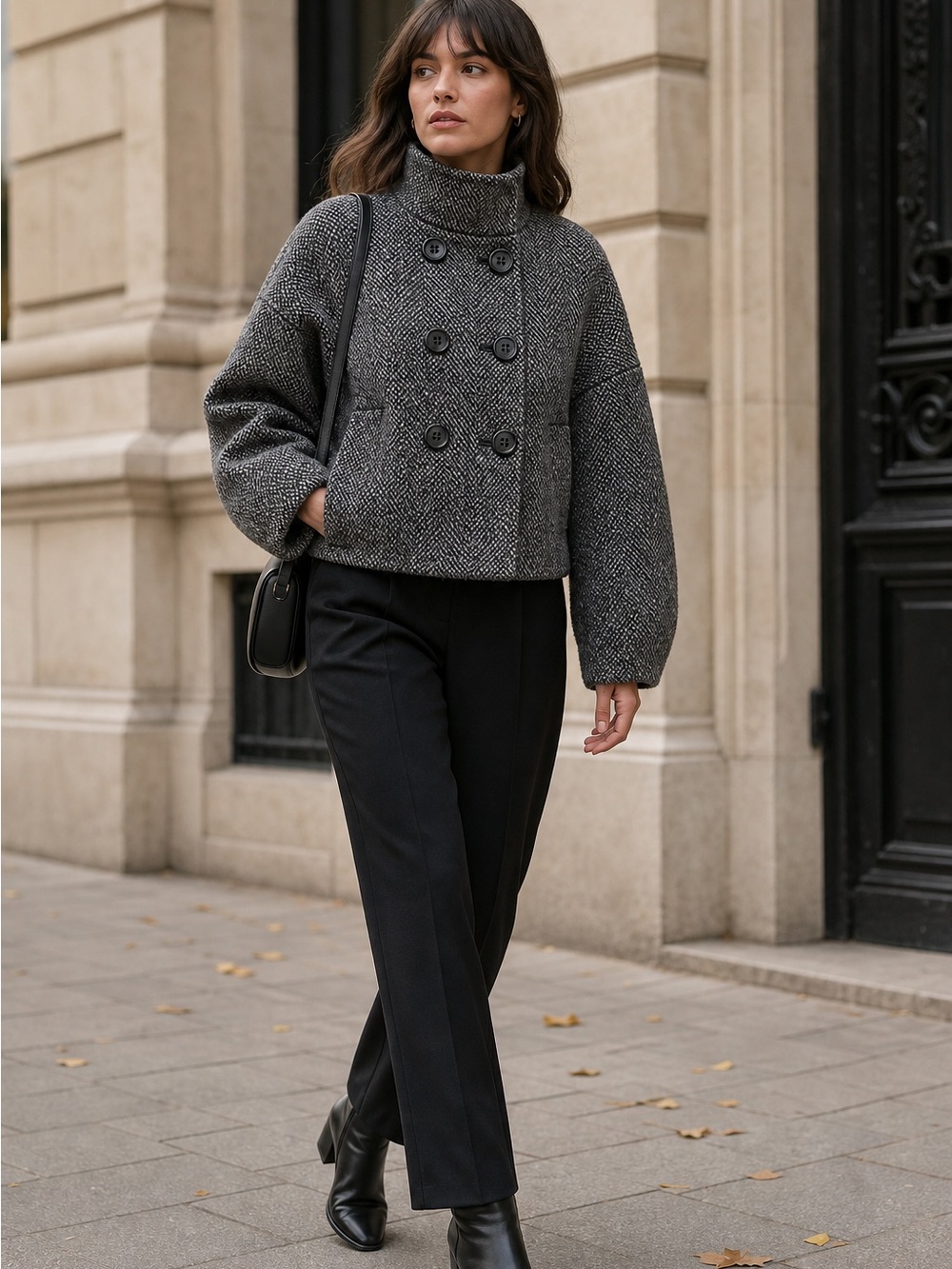BCBGMAXAZRIA Wool Herringbone Cropped Double-Breasted Funnel Neck Women's Coat
